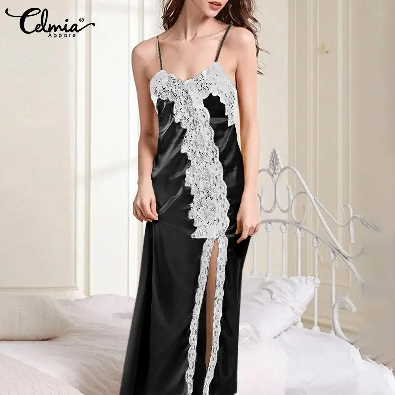 

Celmia Sexy Spaghetti Straps Sleep Robe Casual Satin Hem Slit Lace Patchwork Elegant Midi Nightgowns Women's V Neck Sleep Dress