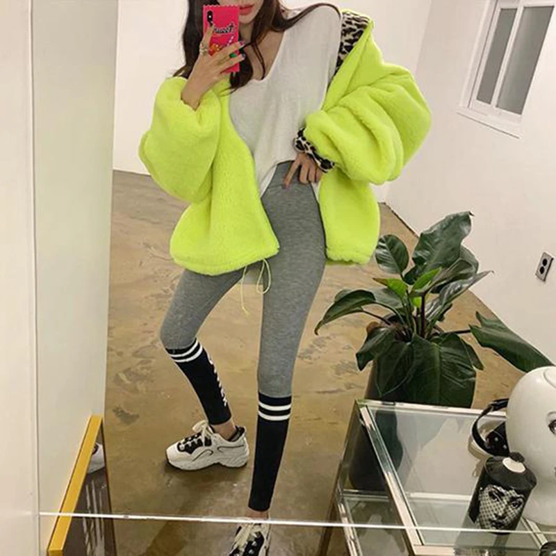 2023 Winter Fur Coat Patchwork Leopard Turn-down Collar Coats Oversized Neon Green Faux Fur Woolen Warm Women Jacket Streetwear