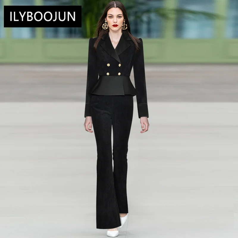 

Женская одежда, роскошные комплекты, Блейзер, костюмы, вельветовый костюм с длинным рукавом, двубортный топ на пуговицах с кристаллами + брюки-клеш, комплект из 2 предметов