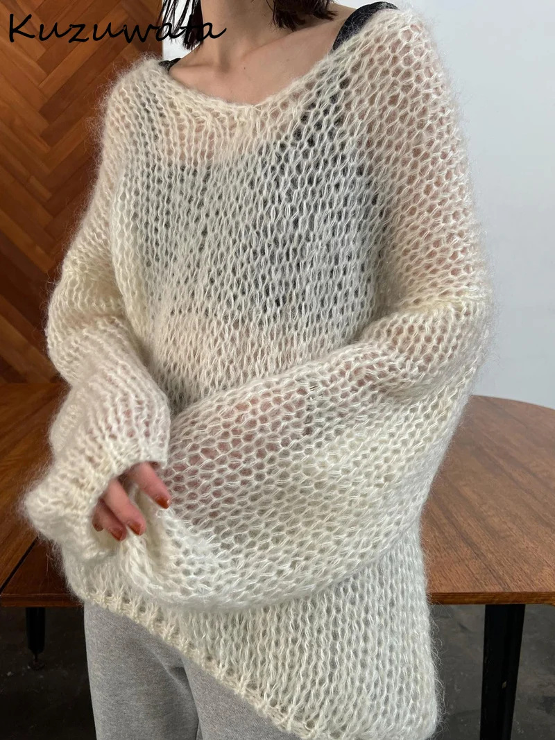 Пуловер женский трикотажный с V-образным вырезом и длинным рукавом