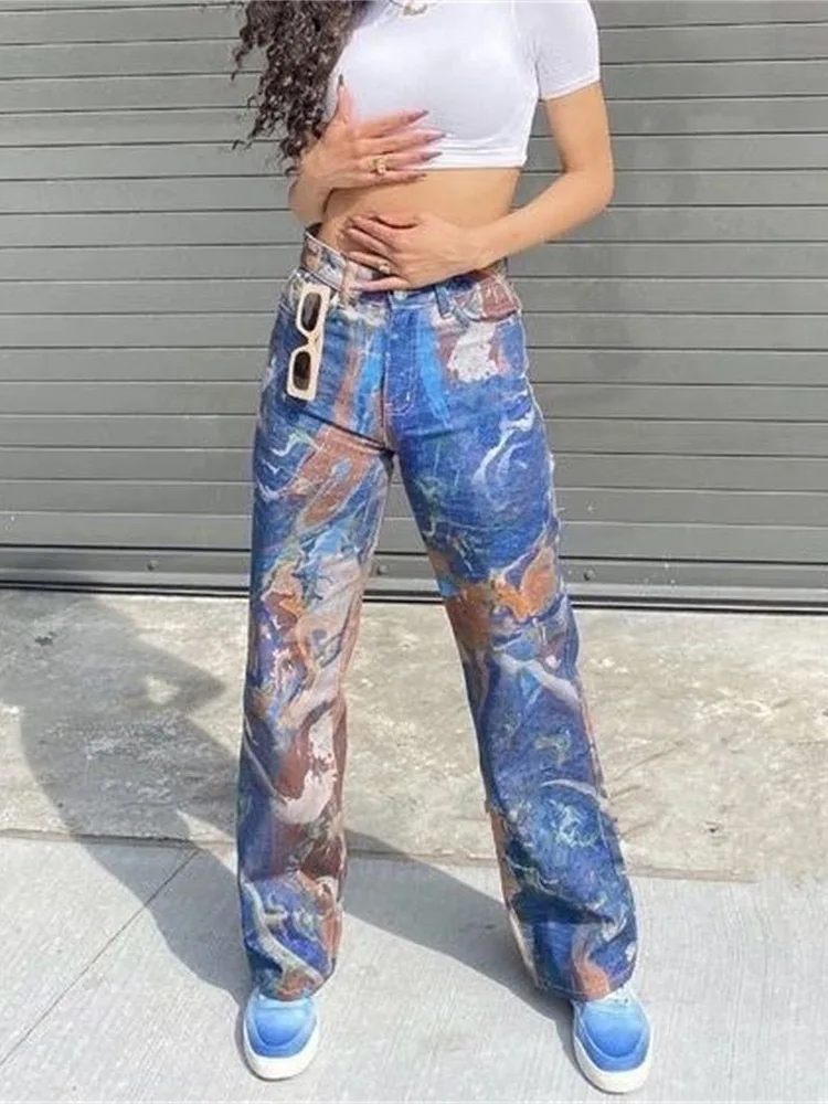 

Американские женские джинсы с низкой посадкой, мешковатые брюки с принтом граффити, женские джинсы с графическим принтом