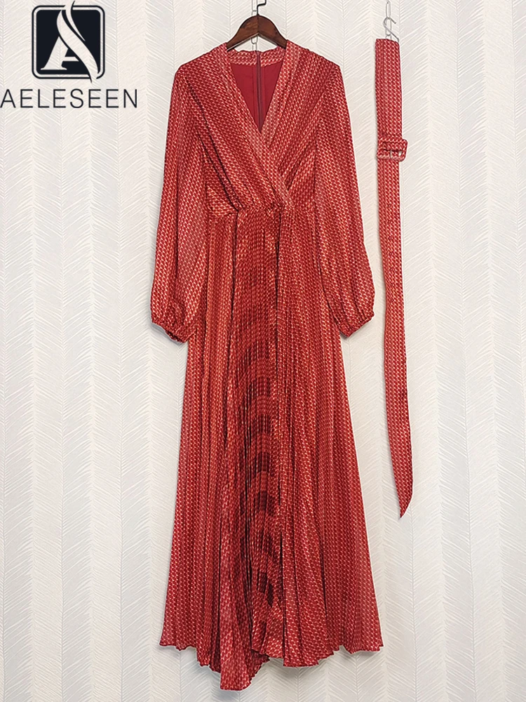 

Женское модельное платье AELESEEN, Элегантное Длинное Платье с v-образным вырезом и рукавами-фонариками на поясе, вечерние платья красного и синего цвета