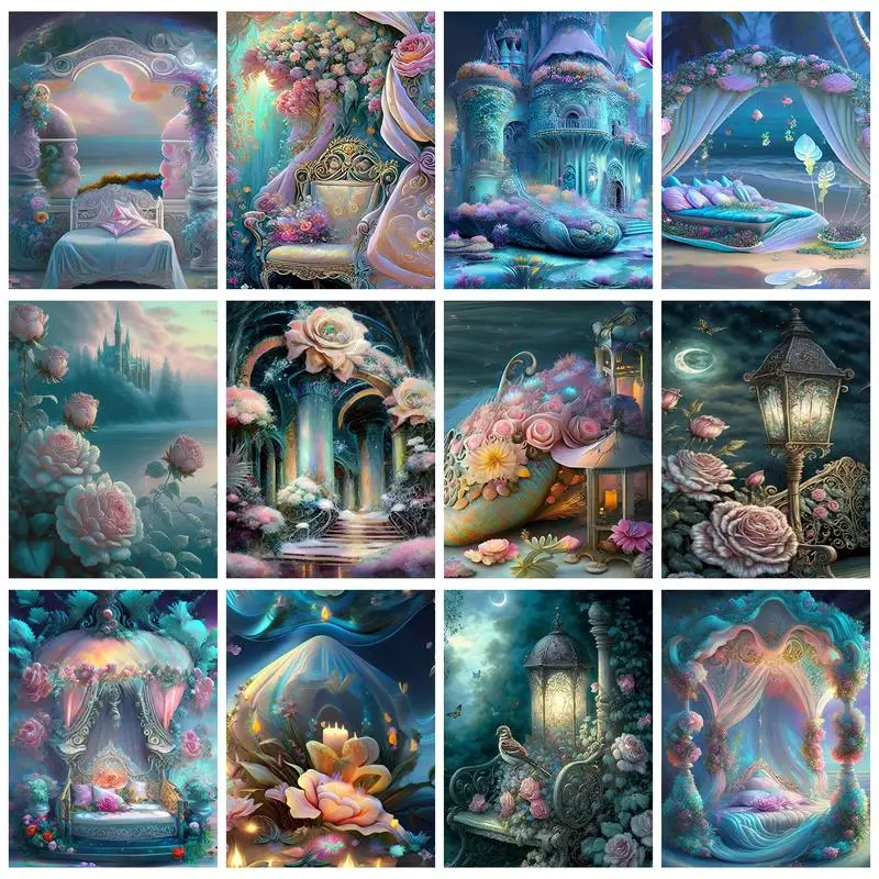 

RUOPOTY Diamond Painting House Full Round/Square Embroidery Landscape Mosaic Needlework Handcraft Rhinestone Pictures Wall Decor