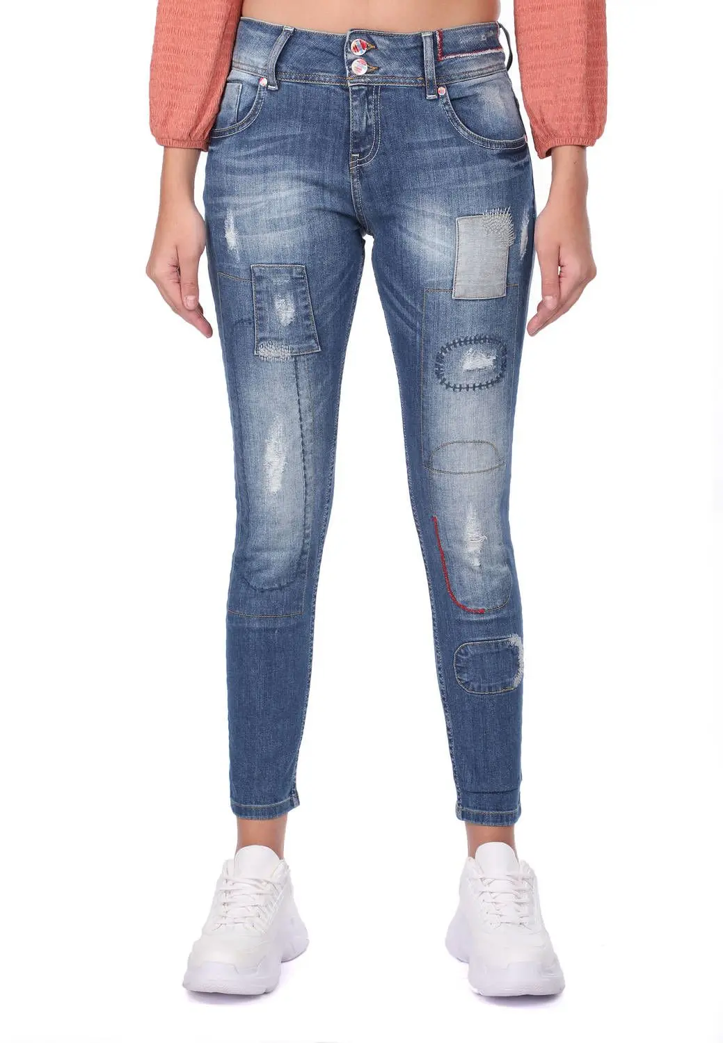 

Blue White Women Patterned Baggy Jean Pants