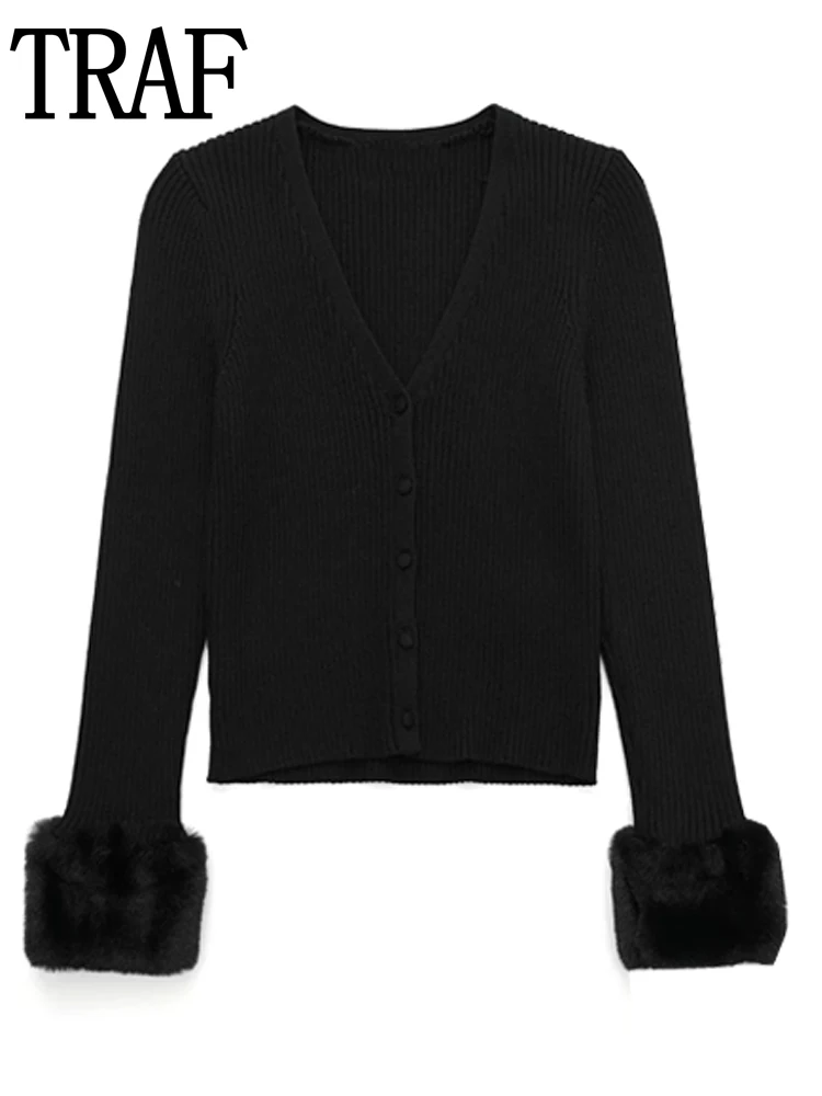 

TRAF Black Faux Fur Cardigan Women Cropped Sweaters Knitted Cardigan Female 2022 Winter Long Sleeve Top Womens Cardigan
