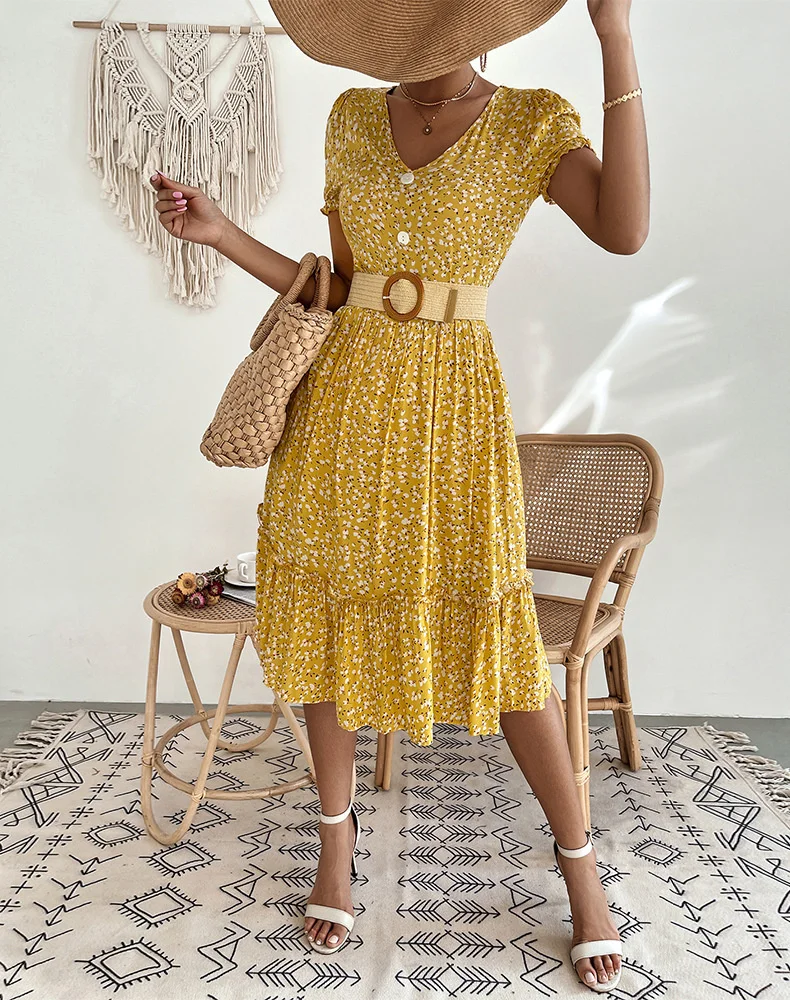 

Casual elegant sexy slim print dress, summer women's fashion new V-neck short sleeves print floral dress roupas feminina