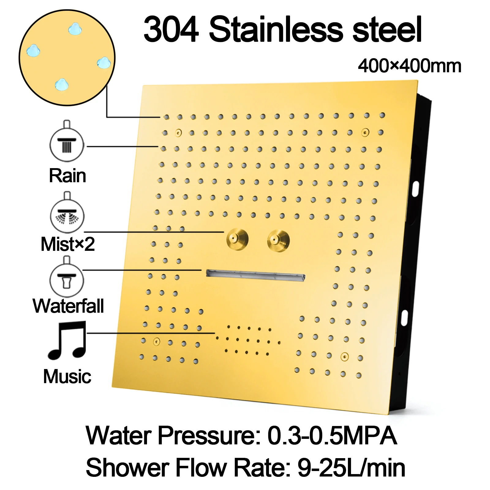 MBoenn Rose /Brushed/Polished Gold 4 Functions Rain Shower Systems Thermostatic Embedded LED Music Head Bathroom Diverter |