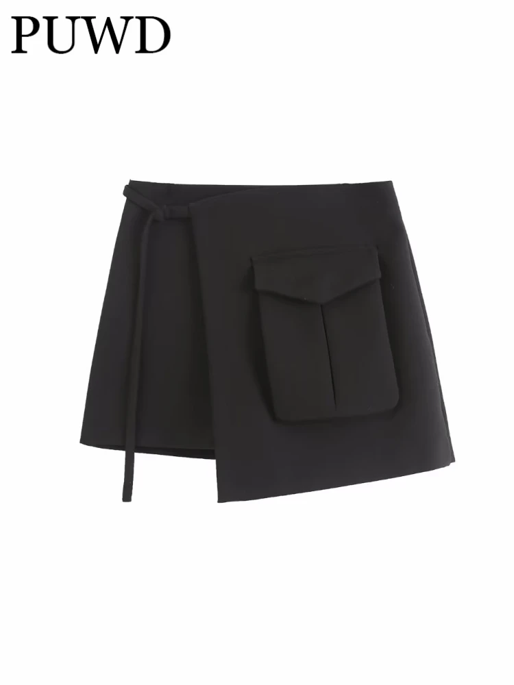 

PUWD Women Fashion Black Lace-up Mini Skirt 2023 Spring Vintage High Waist Side Zipper Female Skirts Mujer