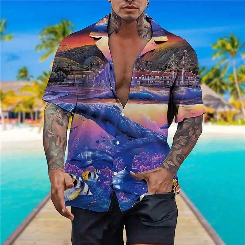 

Men's Shirt Summer Hawaiian Shirt Graphic Prints Dolphin Marine Life Turndown Royal Holiday Short Sleeve Print Clothing