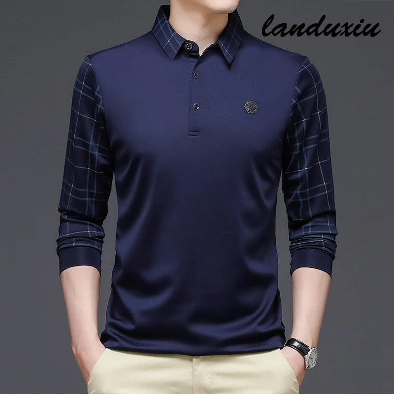 

New Fashion Solid Polo Shirt Men Korean Clothing Long Sleeve Casual Fit Slim Button Collar Tops landuxiu