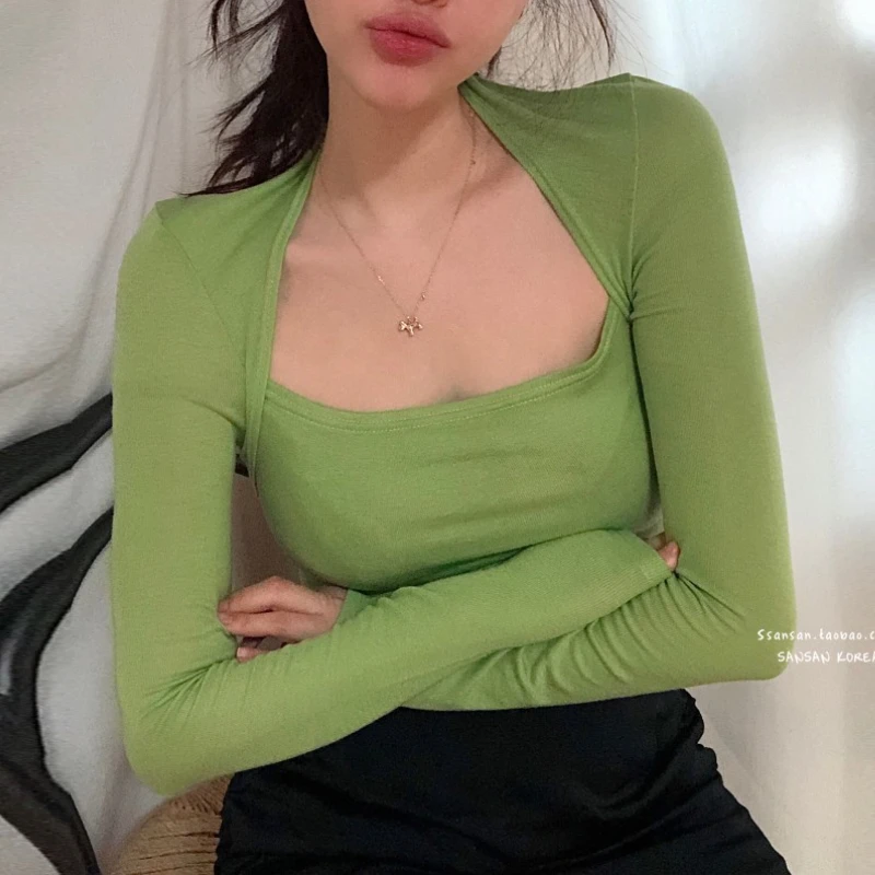 

Early Autumn New Slim Long-sleeved T-shirt Bottoming Shirt Sexy Square Collar Solid Color All-match Tops