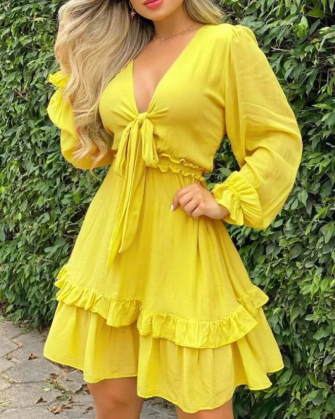 

Long Sleeve Puff Sleeve Skirt 2023 Summer Women's New Bell Sleeve Layered Ruffle Tie Details V Neck Solid Color Mini Dress