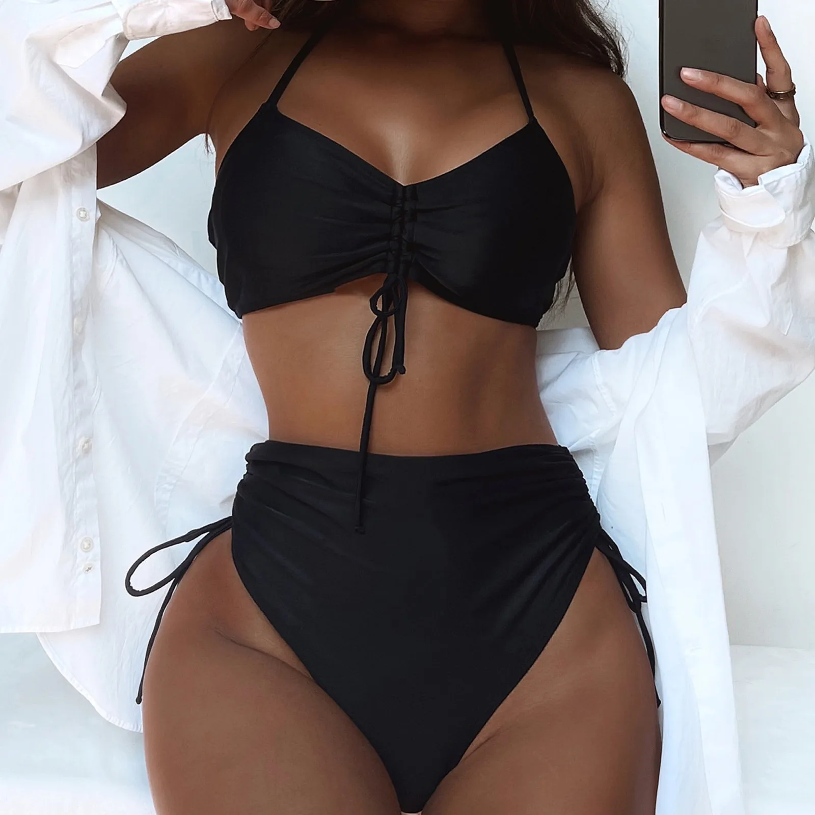 

Fashion Casual Women's Split Bikini Two-piece Solid Color Swimsuit Show Waistflat Beach Bathing Suits bikinis 2022 mujer