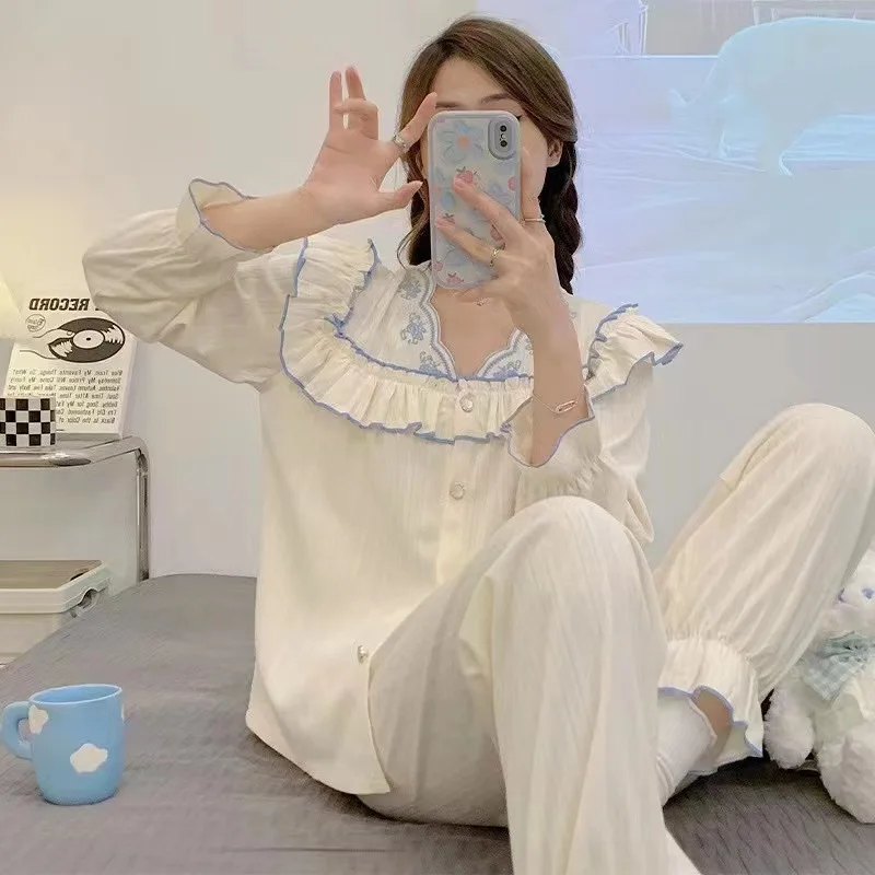 New Pajamas for Women Spring Pure White Suit This Cute Princess Style V-neck Cardigan Cropped Pants Comfortable Home Casual Wear