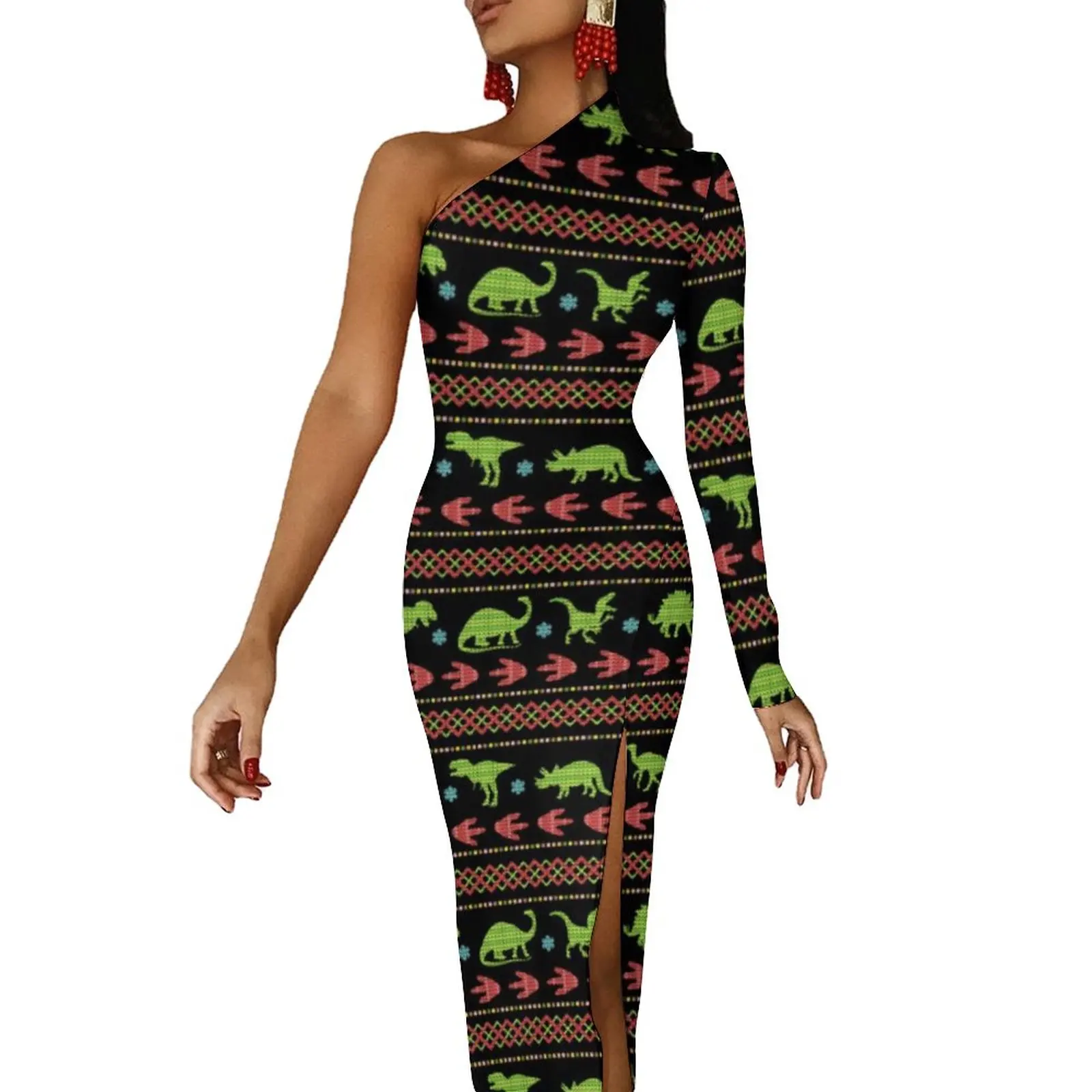 

Christmas Dinosaurs Side Split Bodycon Dress Female Knit Embroidered Print Vintage Maxi Dress Long Sleeve Party Graphic Dresses