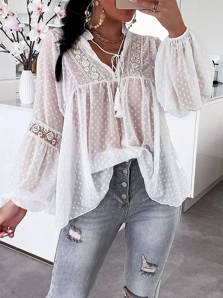 Elegant Casual Embroidery Tie-up Shirts Sexy Solid Hollow Chiffon Lantern Long Sleeve Tops Fashion Polka Dot Mesh Pullover Blusa