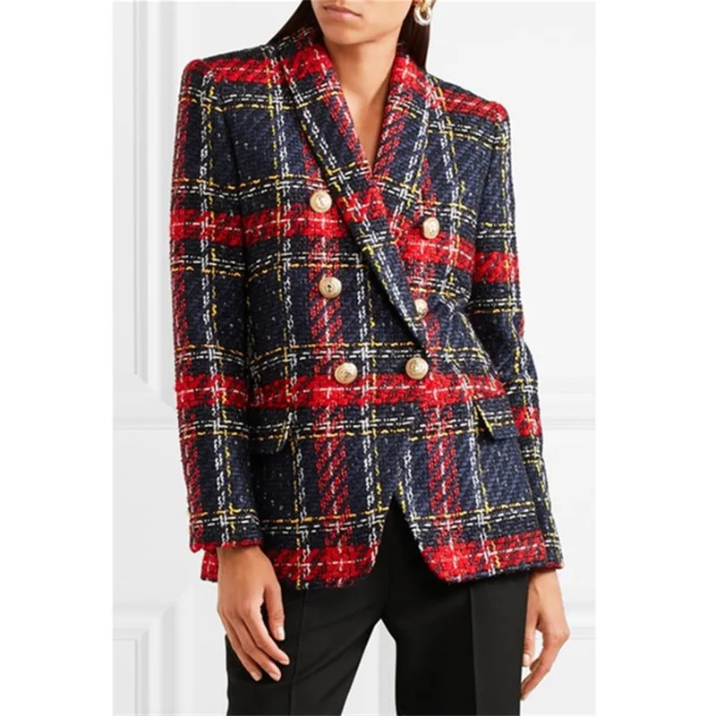 Red Color  Plaid Knitting Weaving  Women Blazers Thick England Style Full Sleeve Polyester Double Breasted Jackets Coat