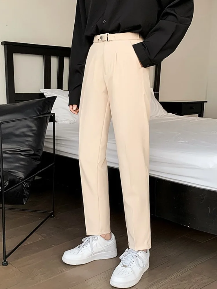 

SYUHGFA 2022 Korean Style Fashion Ankle Length Suit Pants Men High Waist Solid Color Casual Straight Adjustable Waist Trousers