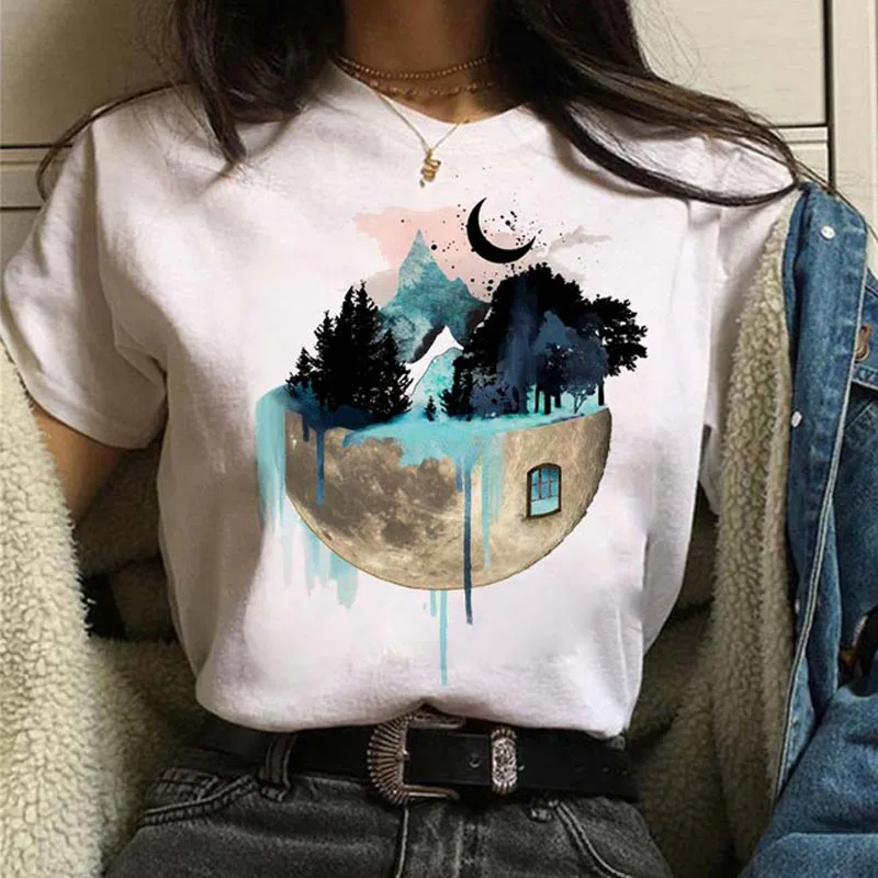 

Women T Shirt Summer T Shirt Women Moon Mountain Print Harajuku O-Neck Short Sleeve Tee Tops Female Fashion Casual Tee Tops