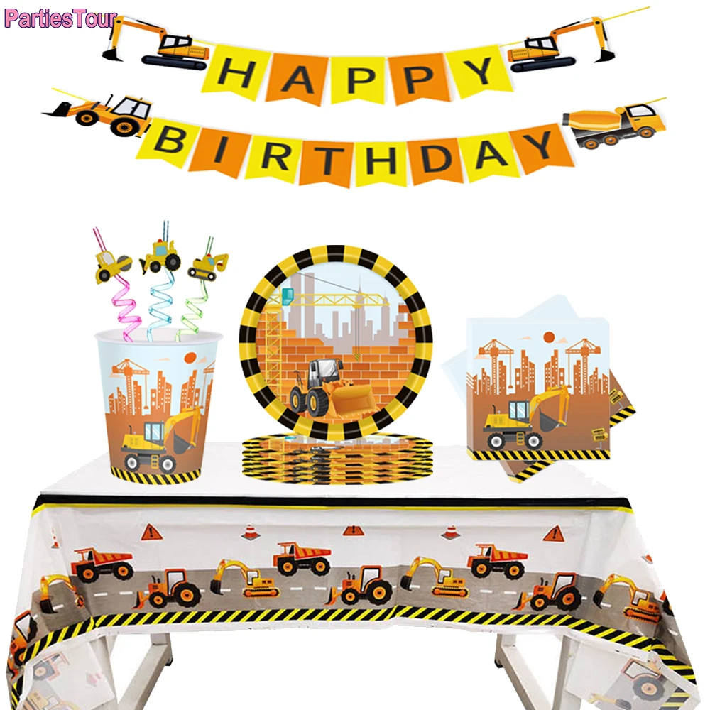 

Одноразовая посуда, стаканы, тарелки, экскаватор, грузовик, баннер для детей и мальчиков, украшение для дня рождения