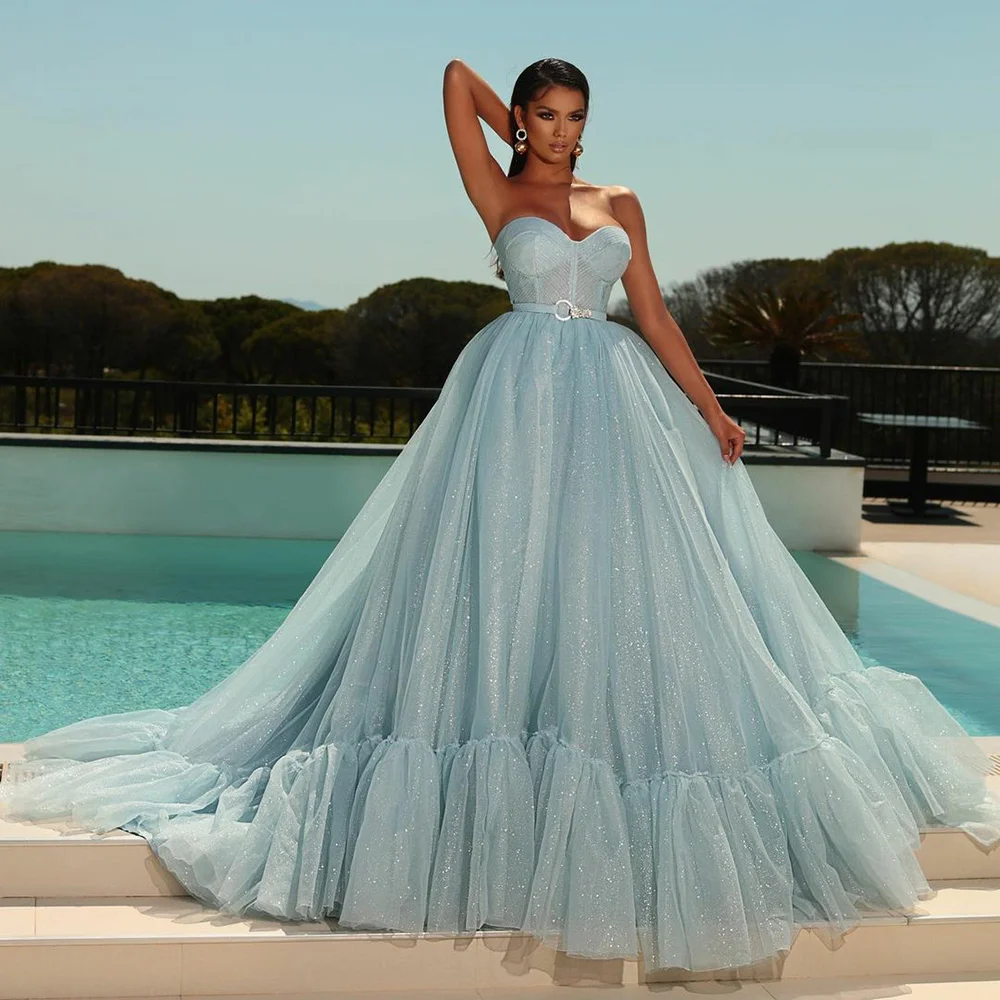 

Блестящие Мятные платья для выпускного вечера, сексуальные длинные вечерние платья без бретелек с оборками, трапециевидные тюлевые Платья ...