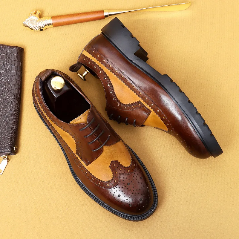 

Men Leather Shoes Business Dress Suit Shoes Men Brand Round Head Genuine Leather Lace Up Brown Oxford Wedding Mens Brogue Shoes