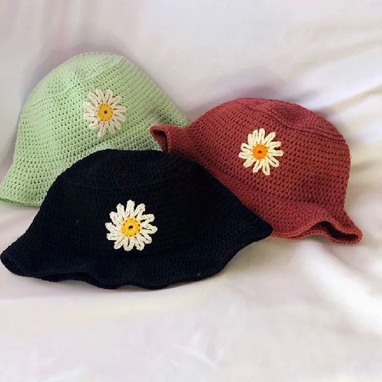 Spring and Autumn Monochrome Small Daisy Hand Crocheted Wool Outdoor Travel Leisure Ladies Fisherman Hat. enlarge