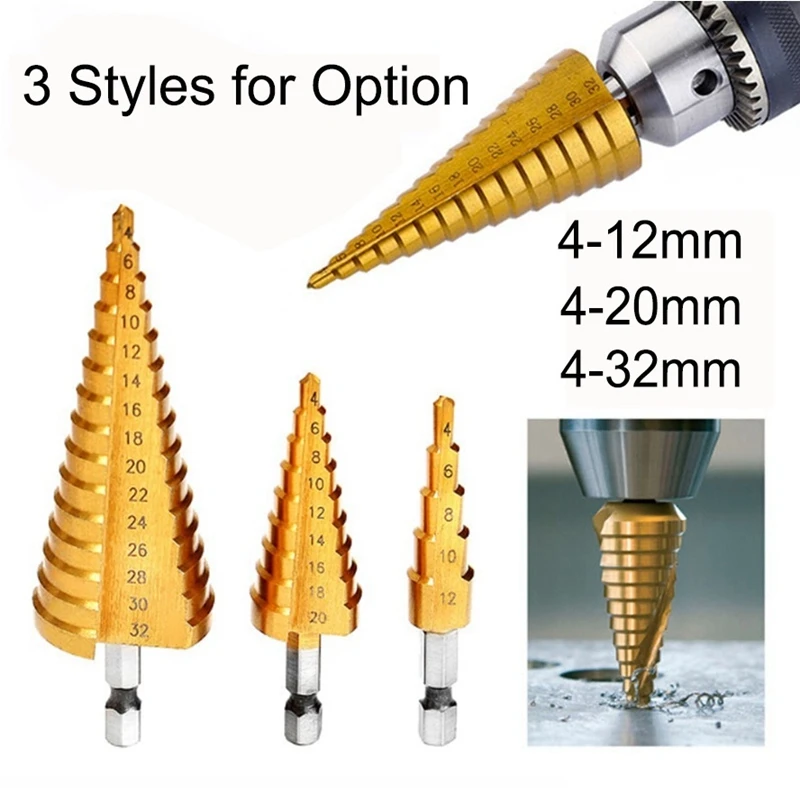 

4-12/4-20/4-32mm Step Drill Bit Hexagonal Handle Straight Groove Pagoda Drill Metal High Speed Steel Wood Hole Cutter Cone Drill