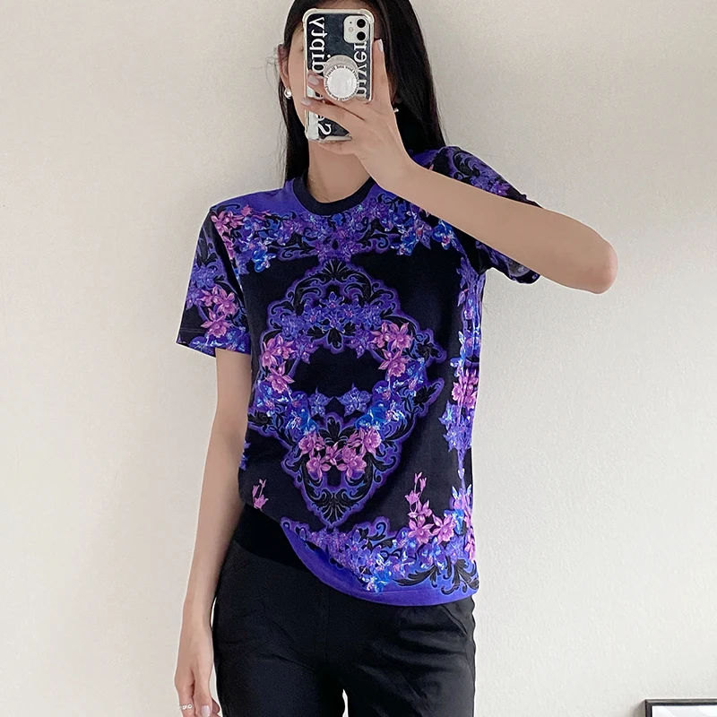 

High End Women's Fashion Designer New Floral Print Round Neck Loose Vintage Luxury Short Sleeved T-shirt Vest Graphic T Shirts