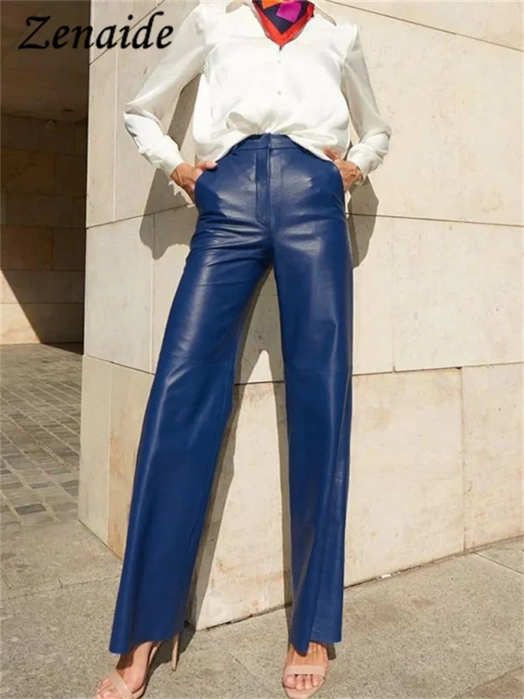 

Zenaide Pu Leather Women Long Pants Autumn Winter Casual High Waist Straight Leg Trousers Streetwear Ladies Black