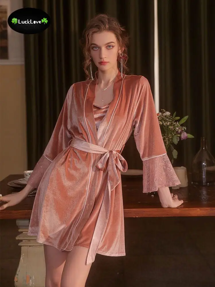 

Winter 2PCS Sexy Thick Warm Flannel Nightgowns Robes Set for Women Luxurious Elegant Coral Velvet Sleepwear Bathrobe Night Dress