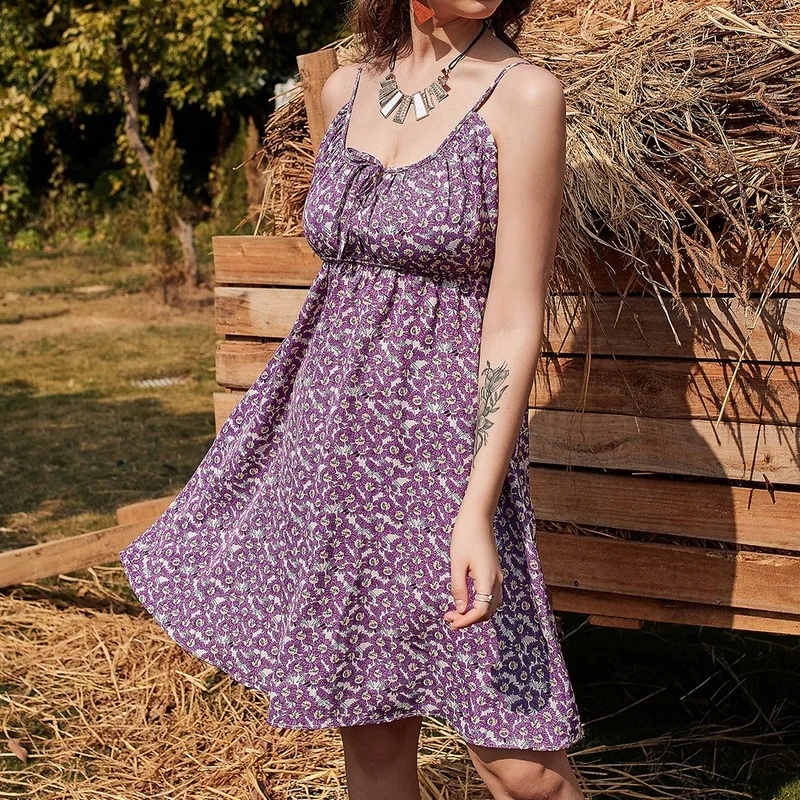 

Summer Sweet Floral Slip Dress Women Lace Up Backless Slim Waist Cottagecore Dress Sleeveless Low-Cut Spaghetti Strap Dresses