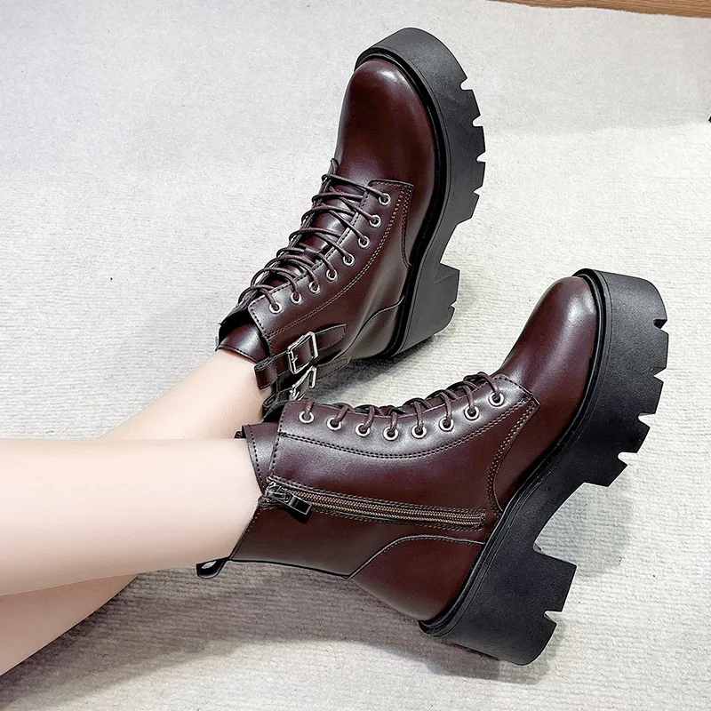 Boots Women Autumn New PU Leather High-heel Thick-heel Short Boots Woman Platform Motorcycle Boots Shoes Ladies Fashion Shoes