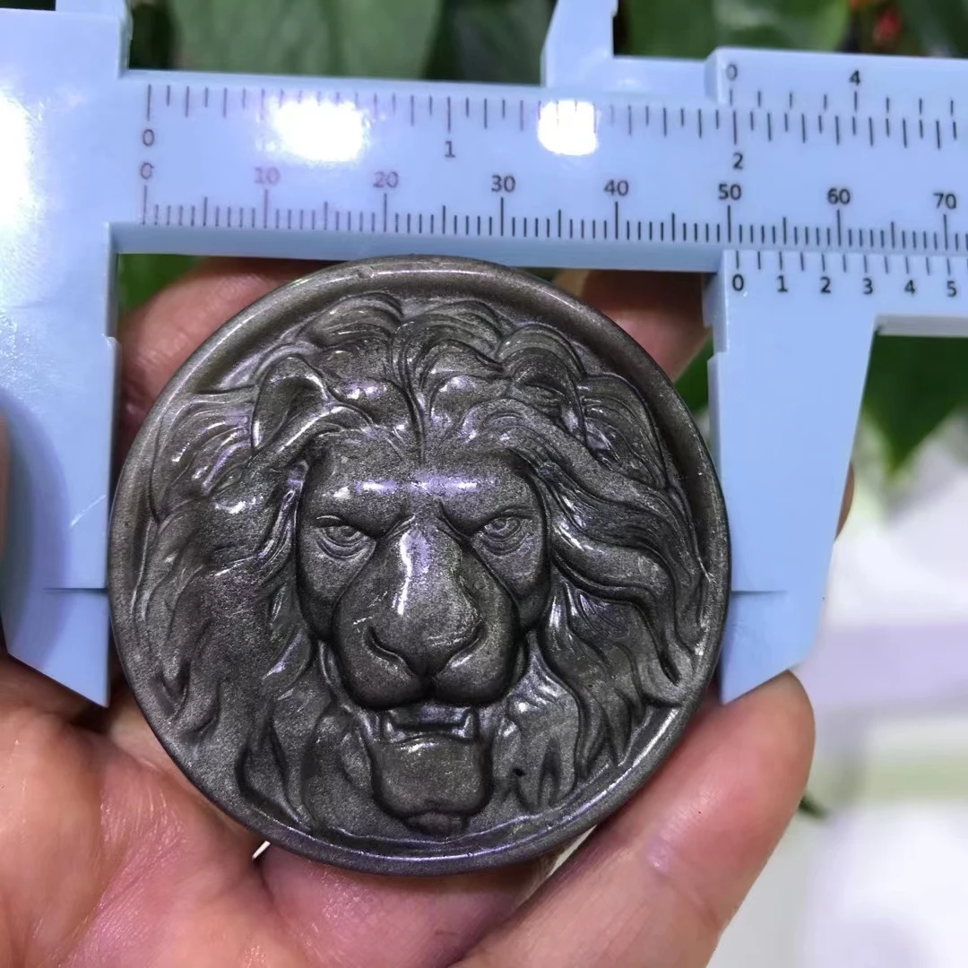 

50mm Natural Gold and silver Obsidian Crystal Stone Lion Hand Carved Animal Figurine Energy Crafts Home Decoration As Gift 1pcs