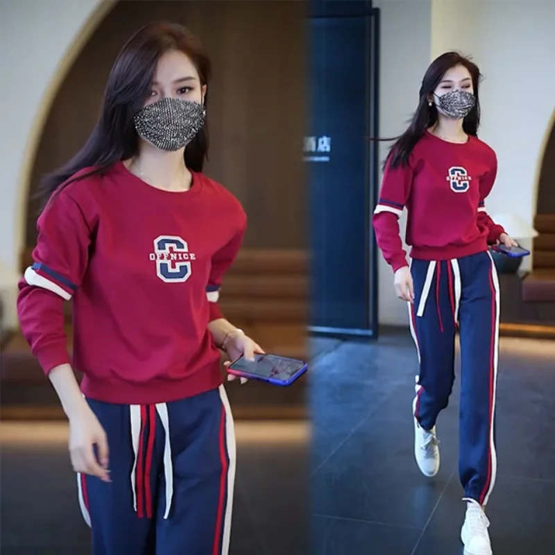 

Повседневный Спортивный костюм, женский пуловер с длинным рукавом и круглым вырезом, костюм из 2 предметов