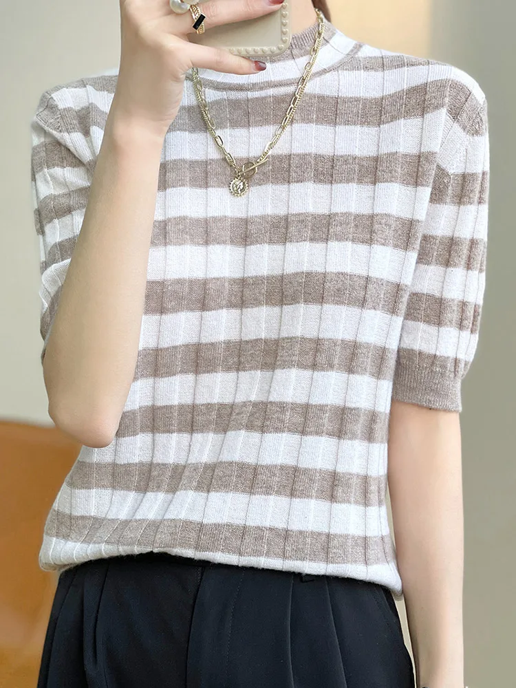 

100% Superfine Wool Short Sleeve Women's Half Turtleneck Pullover Spring Summer New Vest Slim Fit Fashionable Patchwork Striped