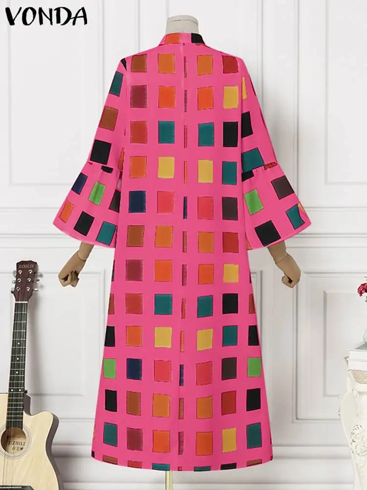 Plus Size 5XL Bohemian Midi Dress 2023 VONDA Women Plaid Printed Vestido Flare Sleeve Elegant Party Evening Sundress Casual Robe
