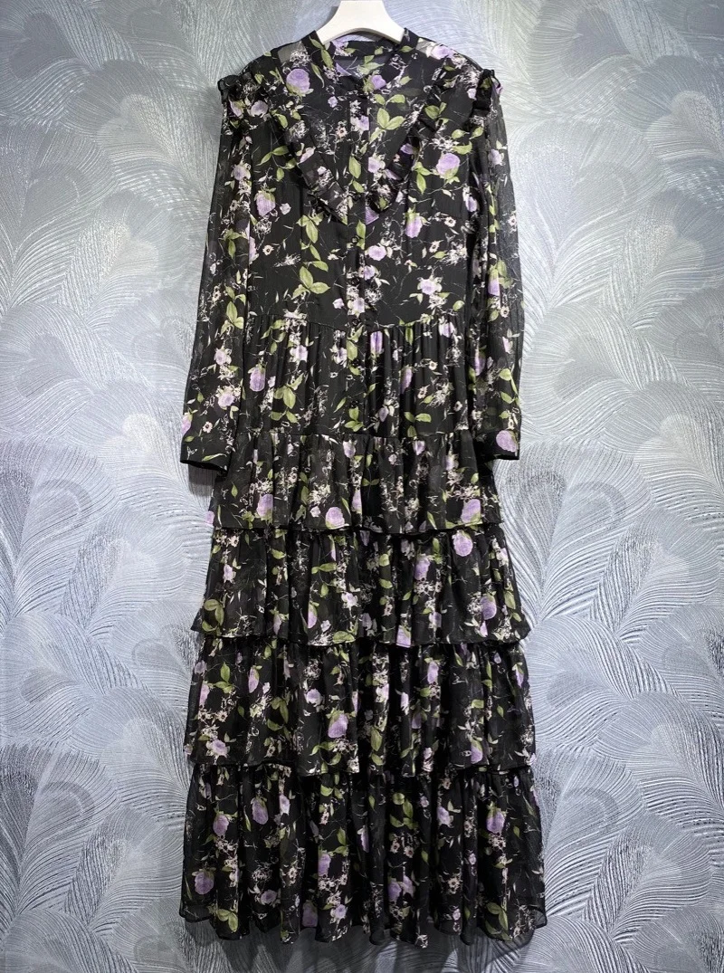 

Женское винтажное платье макси, длинное черное платье с цветочным принтом, каскадными оборками и длинным рукавом, лето 2023