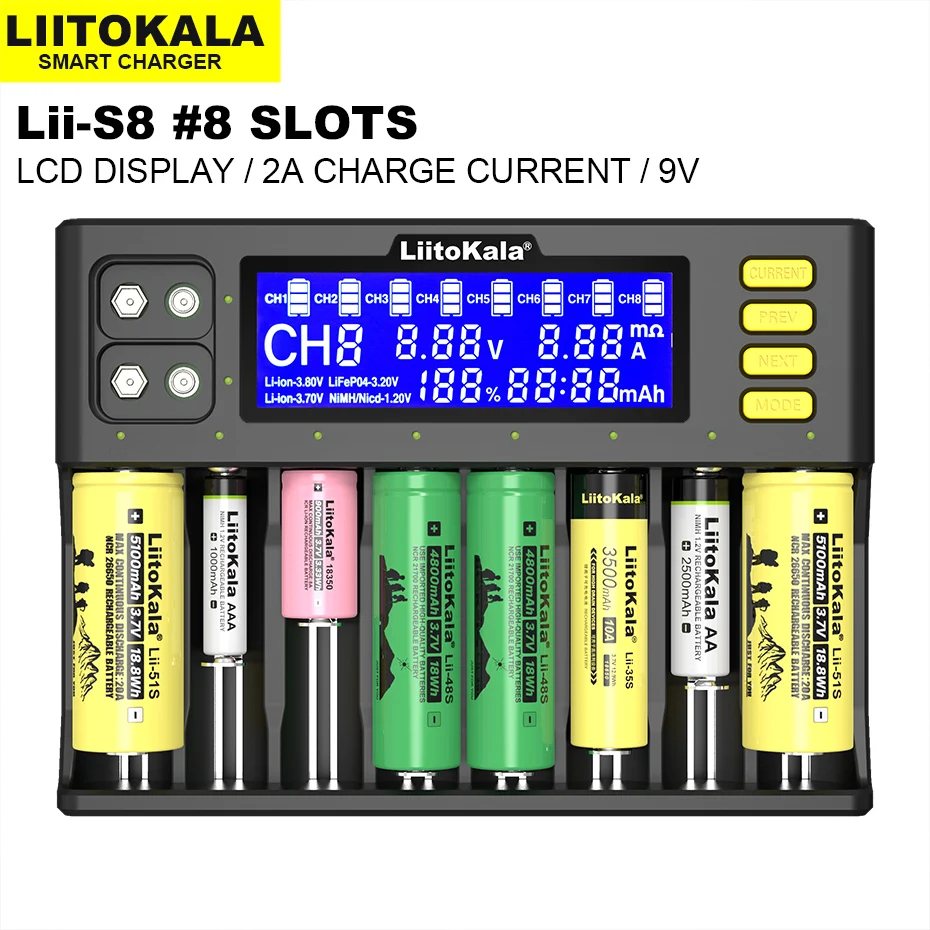 

LiitoKala Lii-S8 Lii-600 PD2 Battery Charger 3.7V Li-ion NiMH 1.2V 9V Li-FePO4 3.2V IMR 3.8V for 18650 26650 21700 26700 AA AAA