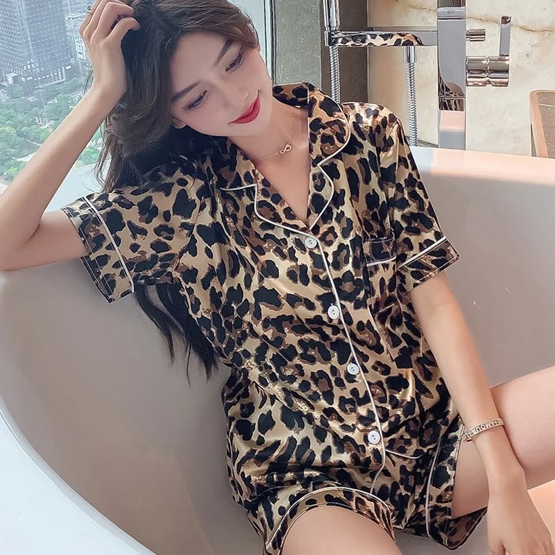 New Silk Pajamas for Women Sweet Leopard Pyjamas Woman's Short Sleeve Shorts Pant Homewear Ladies Pijama Mujer Sleepwear Sets