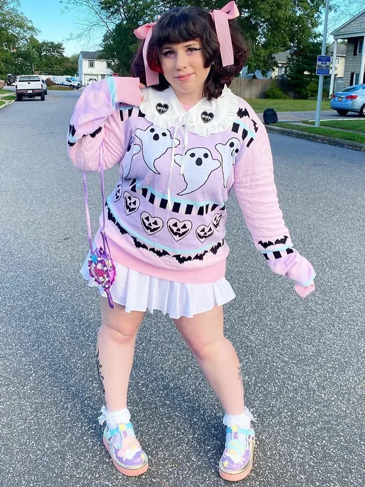 Розовый кавайный свитер Yangelo Женский трикотажный топ готический фотографический