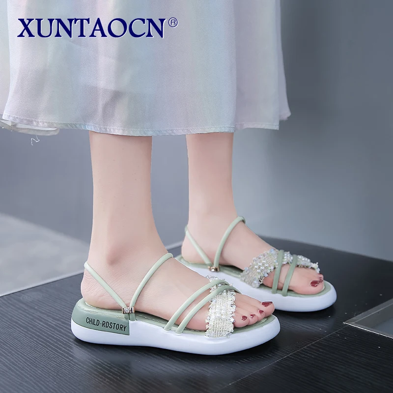 

Slippers Women Summer Flat Shoes Female String Bead Pantofle Lady Slides Fashion Low 2022 Girl Luxury Fabric Rubber Rome Hoof He