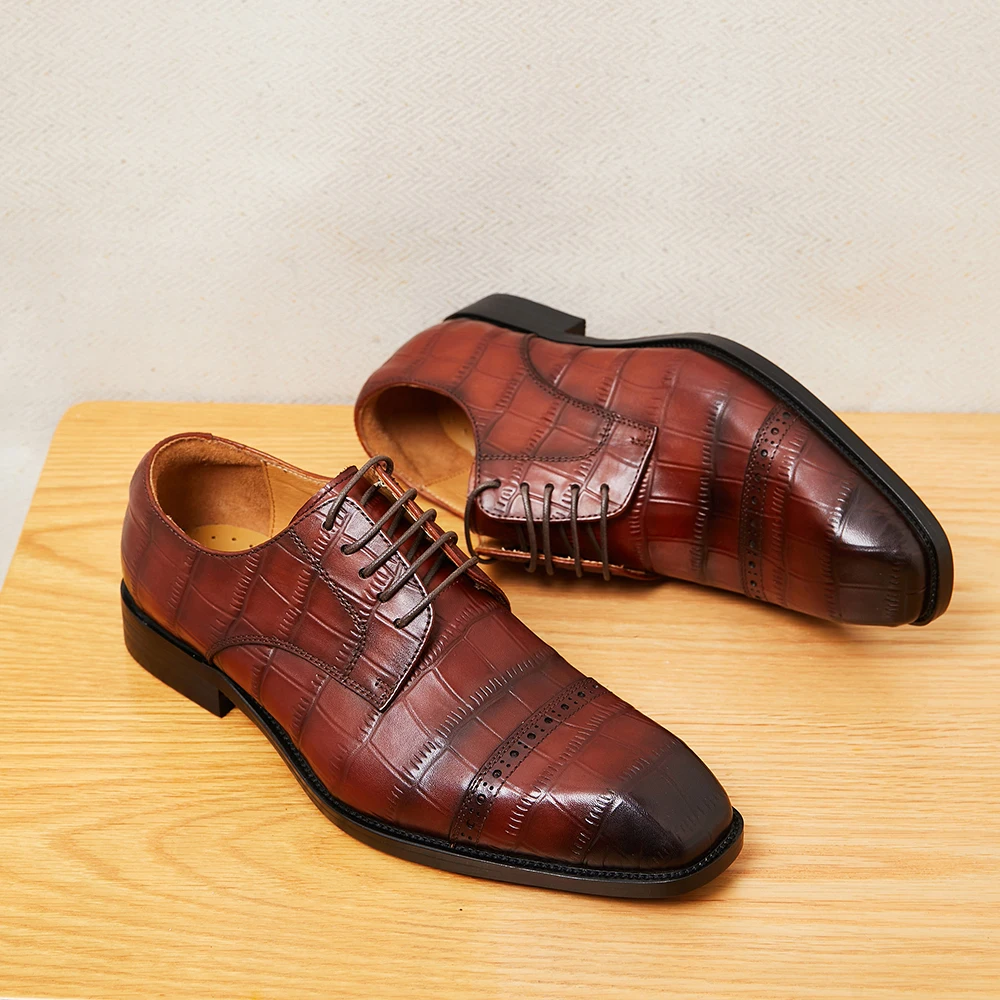

Italy Men Genuine Leather oxford Wedding Business Mens Dress Flats Shoe Back Burgundy Crocodile Pattern Square Toe Shoes For Men