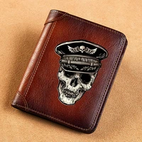 high quality genuine leather men wallets veteran officer skull printing short card holder purse luxury brand male wallet