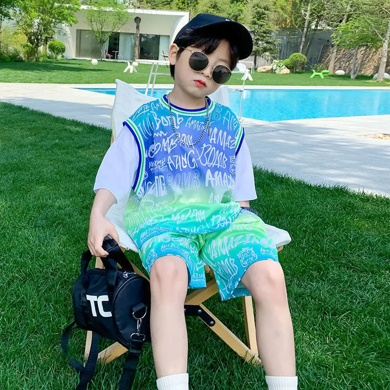 Children's Clothing Boys' Sports Short Sleeve Suit Summer Clothes Cool Handsome Medium and Large Children Basketball Wear