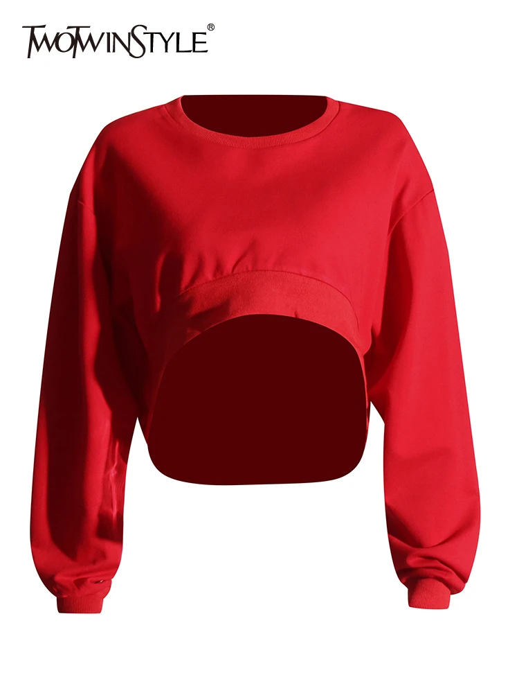 

TWOTWINSTYLE Solid Minimalist Asymmetrical Sweatshirts For Women Round Neck Long Sleeve Loose Chic Sweatshirt Female Clothing