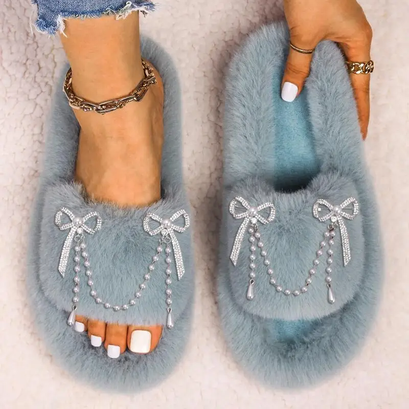 Women Winter Fur Slippers Diamond Bowknot Pearl Chain Warm Home Slides Female Slides Sandals Casual Fluffy House Platform Shoes