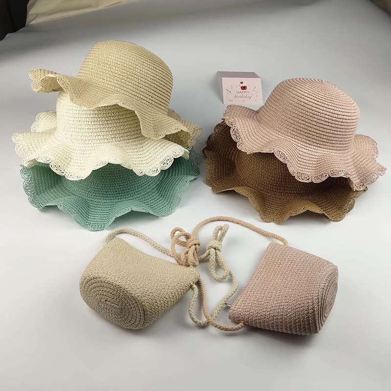 

Handmade Summer Children Girls Shoulder Bag & Cap Straw Messenger Bag Kids Keys Coin Purse Cute Princess Mini Handbag