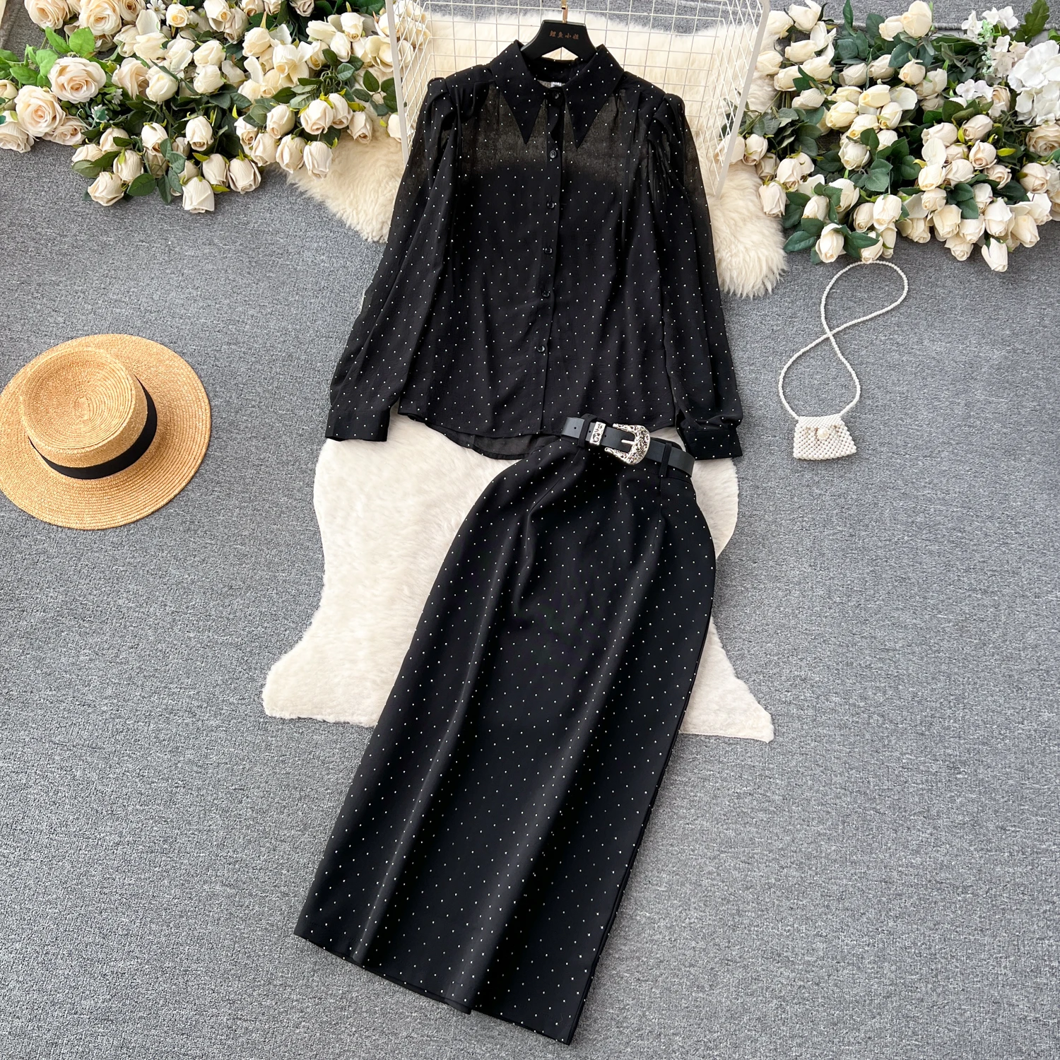 Basics с длинными пышными рукавами и отложным воротником однобортный шикарный топ в