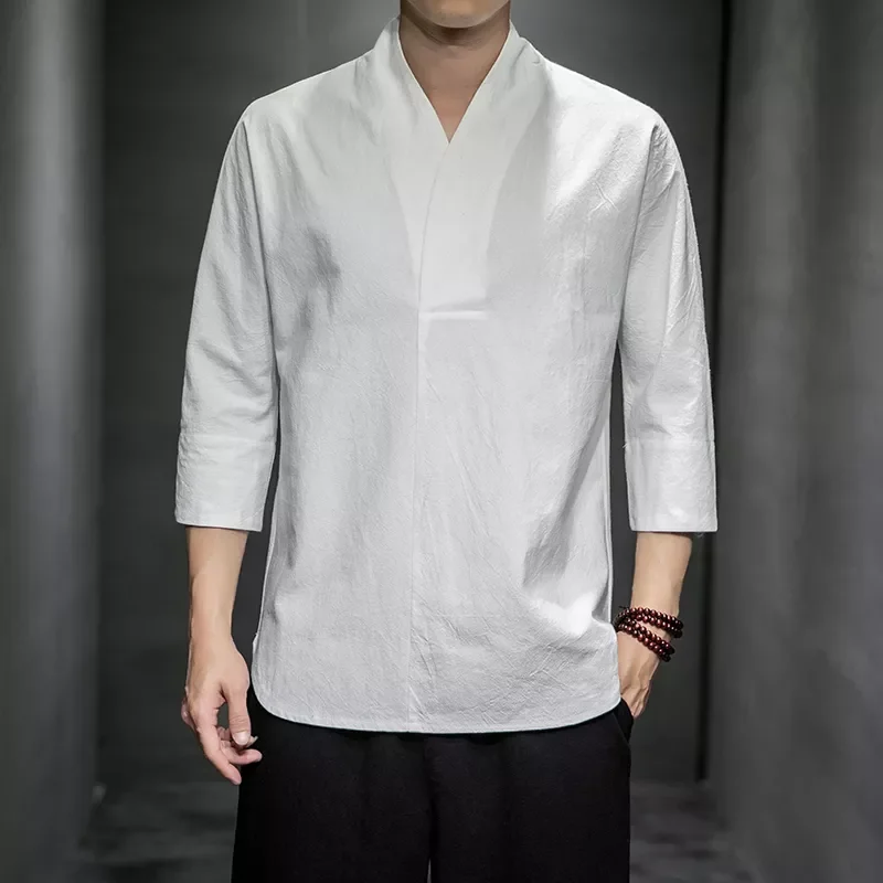 

V neck men t-shirt 2022 summer three-quarter sleeve men's t-shirts harajuku casual cotton vintage t shirt for man